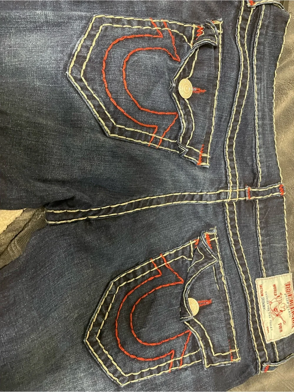 True Religion Women's Dark Indigo Skinny Jeans with Red Stitching